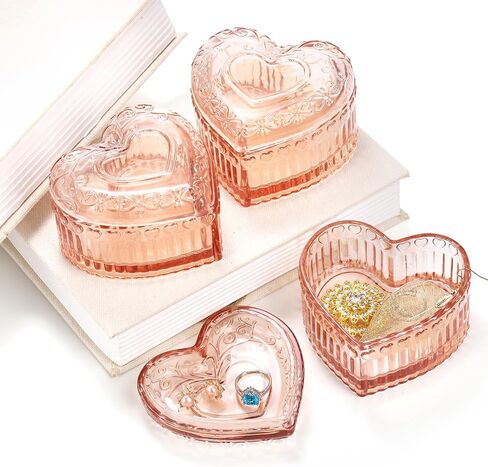 3 Pack Embossed Jewelry Box, Crystal Glass Heart-Shaped Storage Box, See-Through Candy Box with Lid, Small Covered Trinket Storage Organizer Box for Valentine's Day, Gifts, Wedding, Pink in Saudi Arabia