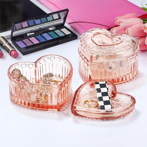 3 Pack Embossed Jewelry Box, Crystal Glass Heart-Shaped Storage Box, See-Through Candy Box with Lid, Small Covered Trinket Storage Organizer Box for Valentine's Day, Gifts, Wedding, Pink in Saudi Arabia