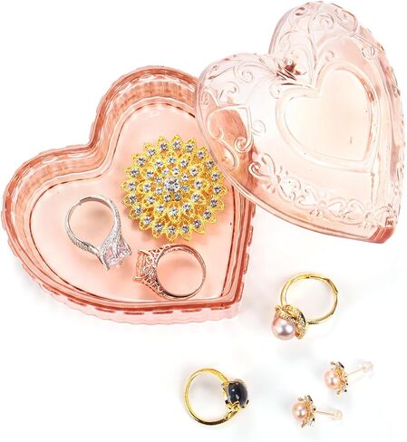 3 Pack Embossed Jewelry Box, Crystal Glass Heart-Shaped Storage Box, See-Through Candy Box with Lid, Small Covered Trinket Storage Organizer Box for Valentine's Day, Gifts, Wedding, Pink in Saudi Arabia