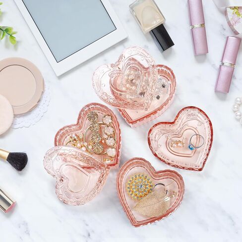 3 Pack Embossed Jewelry Box, Crystal Glass Heart-Shaped Storage Box, See-Through Candy Box with Lid, Small Covered Trinket Storage Organizer Box for Valentine's Day, Gifts, Wedding, Pink in Saudi Arabia