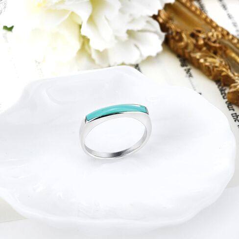 AeraVida Rectangular Bar Green Simulated Turquoise Stone Inlay .925 Sterling Silver Ring | Classic Wedding Rings For Women | Casual Comfort Fit Silver Rings for Women | Gift for Women 12 in Saudi Arabia