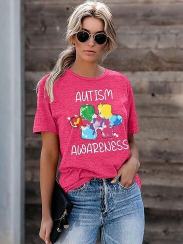 تي شيرتات للتوحد للنساء قمصان للتوعية بالتوحد، قطعة أحجية، تي شيرتات برسومات غير رسمية هدية لشهر التوحد in Kuwait