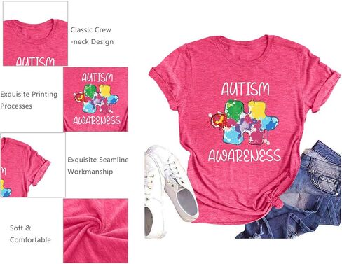تي شيرتات للتوحد للنساء قمصان للتوعية بالتوحد، قطعة أحجية، تي شيرتات برسومات غير رسمية هدية لشهر التوحد in Kuwait
