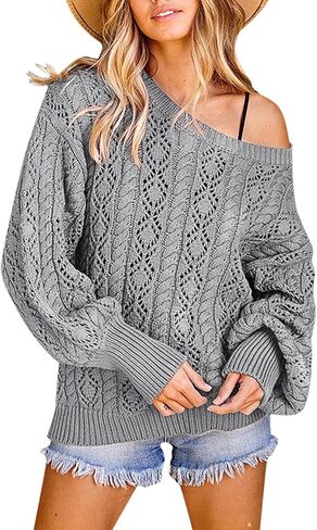 KOJOOIN Womens 's Off Shoulder Sweater Long Sleeve Crewneck Sweaters Loose Pullover Knit Jumper Tops in Saudi Arabia