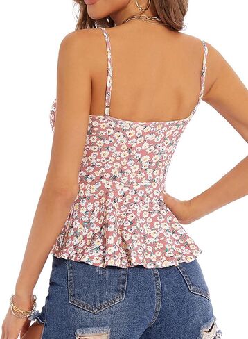 Vrtige Women's Floral Strapy V Neck Tie Knot Sleeveless Ruffle Hem Peplum Cami Top Blouse in Saudi Arabia