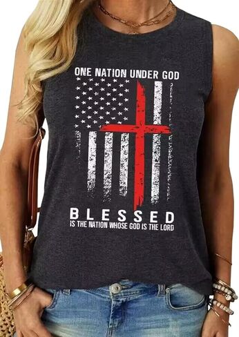 تي شيرت One Nation Under God Blessed American Flag Christian Cross بدون أكمام للنساء تي شيرت مطبوع عليه حروف كلاسيكية in Kuwait