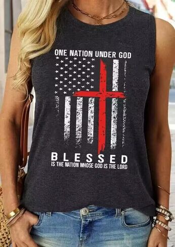 تي شيرت One Nation Under God Blessed American Flag Christian Cross بدون أكمام للنساء تي شيرت مطبوع عليه حروف كلاسيكية in Kuwait