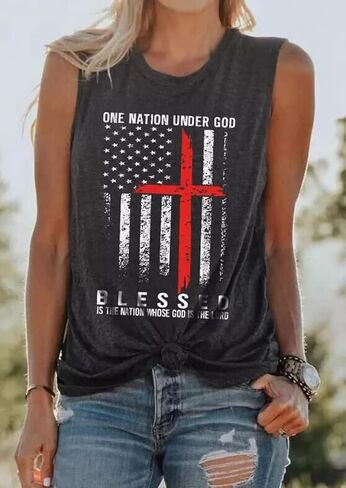 تي شيرت One Nation Under God Blessed American Flag Christian Cross بدون أكمام للنساء تي شيرت مطبوع عليه حروف كلاسيكية in Kuwait