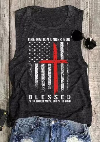تي شيرت One Nation Under God Blessed American Flag Christian Cross بدون أكمام للنساء تي شيرت مطبوع عليه حروف كلاسيكية in Kuwait