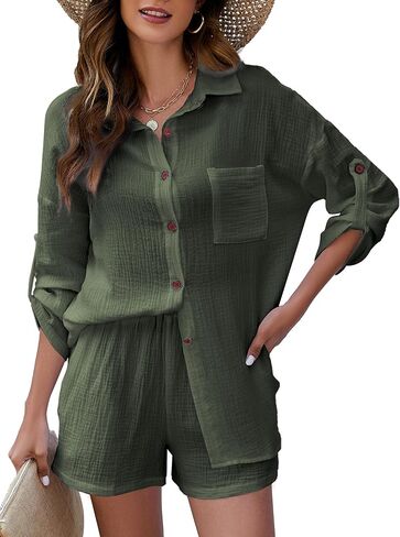 بيهايم طقم ملابس استرخاء للنساء من القطن والكتان مكون من قطعتين قميص بأزرار سفلية وشورت كاجوال فضفاض in Kuwait