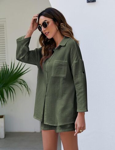 بيهايم طقم ملابس استرخاء للنساء من القطن والكتان مكون من قطعتين قميص بأزرار سفلية وشورت كاجوال فضفاض in Kuwait