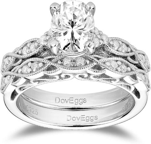 DovEggs 14K الذهب جودة الفضة مويسانيتي خاتم الخطوبة للنساء 1.5ct مركز 6X8mm G-H-I اللون البيضاوي على شكل قطع خمر / العتيقة مويسانيتي خاتم الخطوبة مجموعة الزفاف in Saudi Arabia