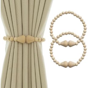 Magnetic Curtain Tiebacks 4 Pack Boho Curtain Holders for Drapes Wood Bead Curtain Tie Backs for Curtains Elegant Curtain Tiebacks for Bedroom, Boho Decor, Natural Wood