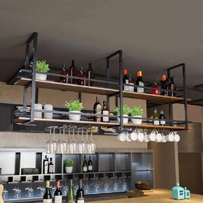 Ceiling Wine Glass Rack - 39.3in Hanging Wine Rack with Glass Holder and Shelf, 2 Layer Industrial Hanging Wine Bottle Holder, Black Metal Ceiling Shelf for Bar Cafe Kitchen (Black, 39.3×11.8×31.4in)