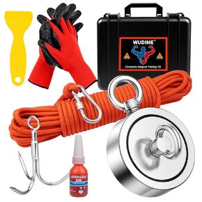 WUDMIE Powerful Magnet Fishing Kit, 2625 Lbs Strong Pulling Force Includes Neodymium N52 Magnet, 65ft Rope, Carabiner, Gloves, Grappling Hook & Carry Case, Perfect for Magnetic Fishing
