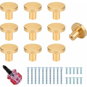 Gold Cabinet Knobs 10Pcs Hardware Pulls Knobs Gold Round Kitchen Pulls Handles for Dresser, Cupboard, Wardrobe, Furniture, with Screwdriver, 20x25mm