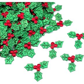 Quacc 100pcs Mini Triple Leaf Holly Berries, Christmas Simulation Holly Berries Artificial Holly Leaves for Christmas Wreath Card Gift Tags Table Decorations (3.5CM)