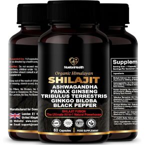Himalayan Shilajit Capsules with Ashwagandha, Ginseng, Tribulus, Ginkgo & Black Pepper – Vegan, Gluten-Free, Organic Shilajit for Energy, Focus, Vitality & Immune Support – 60 Gold Capsules