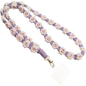 Boho Macrame Braided Daisy Flowers Cell Phone Lanyard, Universal Handmade Crossbody Phone Lanyard with Tether Tab