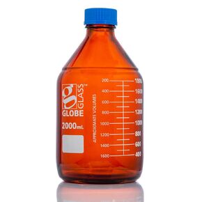 Globe Glass, Amber Media Bottle, 2000mL, GL45 Screw Cap, Dual Graduations, 10/Box