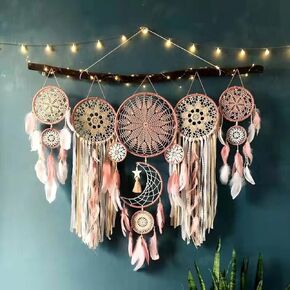 5 Pieces Moon Sun Dream Catcher Wall Decor, Boho Macrame Woven Wall Hanging, Dream Catchers with with Feathers,Handmade Bohemian Home Decor Art Craft for Bedroom Adult Dorm Room Decorations(Pink)