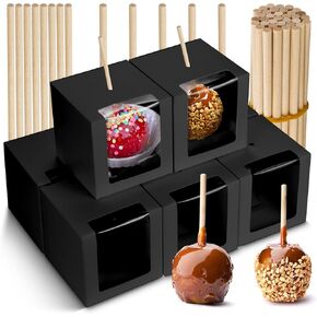 BadenBach 40 Pack Kraft Candy Apple Box with Hole and Stick,4" x 4" x 4",Caramel Apple Box Chocolate Cake Treat Boxes with Clear Window for Christmas,Valentine's Day,Wedding,Party,Baby Shower (White)
