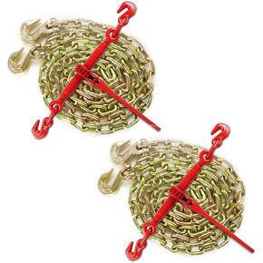 5/16''-3/8'' Ratchet Load Binder and 5/16''x20ft Chains, Chain Binder with 5,400 Lbs. Safe Working Load, 5/16'' Tow Chain with 2 G70 Grab Hooks, for Tie Down Truck, Flatbed Trailers(2 Set)