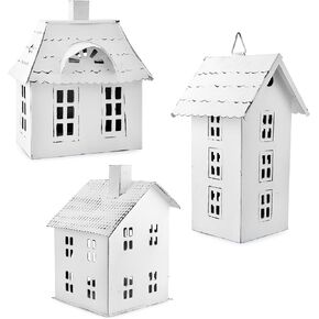 AuldHome Farmhouse Christmas Village Collection #2 with Church, Barn and School (Set of 3, White); Candle Lantern Decorative Christmas Town Display