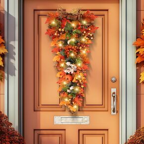 Hotop 36 Inches Fall Harvest Teardrop Swag with LED Light Autumn Swag Flower Pumpkins Maple Leaves Berries Thanksgiving Swag Artificial Teardrop Wreath Hanging Fall Door Swag for Front Door Wall Decor