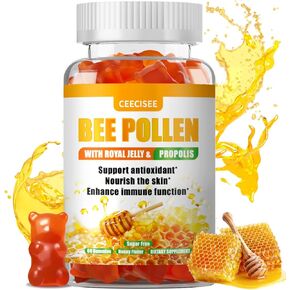 Bee Pollen Gummies with 1000mg Bee Pollen,300mg Royal Jelly,300mg Propolis,Calcium and Vitamin B6,C for People’s Skin,Immune,Energy,Honey Flavor (60 Count)