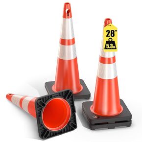 (8 Pack) GECCO ™ 28 Inch 5.3 Lb Traffic Cones with Chain Hole | Tall Orange Caution Road Safety Cone Set for School Parking, Driving Training, Construction | PVC Plastic & Black Base - Innova Series