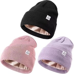 3 Pack Satin Lined Winter Beanie Hats,Silk Lined Beanie Knit Soft Warm Cuffed Hat for Women Men