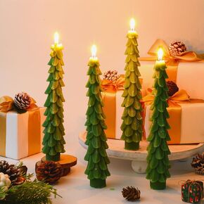 4 Pcs 10 Inch Christmas Tree Taper Candles Green Christmas Tree Shaped Taper Candles Xmas Eve Unscented Candlesticks for Christmas Party Room House Kitchen Decor Wedding Decorations Gift