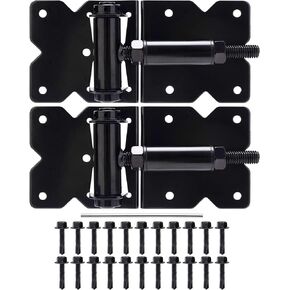 Self Closing Gate Hinges, Heavy Duty Hardware for Outdoor Vinyl/Woodn Fence Gates, 90 Degree Adjustable Gate Hinges Kit, Black Self Closing Hardware with Screw Kits and Swing Adjuster Tool, 2 Pack