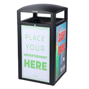 Alpine Industries Rugged 40-Gallon All-Weather Trash Container - Weather Resistant Outdoor Metal Garbage Can with 4 Openings and Lockable Lid Use - Grey Stone with Advertisement Panels