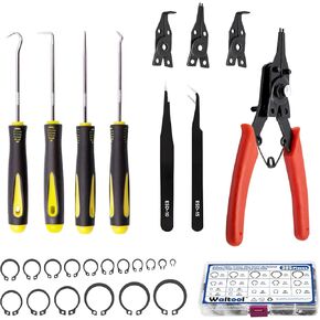395Pcs 17 Sizes Alloy Steel C-Clip External Retaining Rings Assortment Set with 4 in 1 Snap Ring Pliers and Precision Hooks for Grooved Shafts Pins Studs
