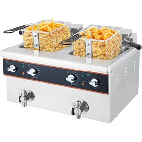 8L x 2 Dual Tank Electric Deep Fryer, 16L Countertop Fryers with Oil Drain, 30 Min Timer, Rotary Fryer Head, Stainless Steel Deep Fryers for Home & Commercial Use, 3600W 120V