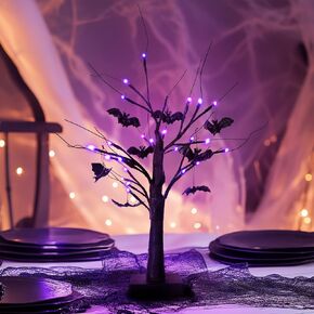 Black 22 Inch Purple Tree Decoration Halloween Tree +8 Decoration Bats Indoor and Outdoor Family Festival Decoration Tree Pool Power Supply Desktop Bonsai Tree Decoration