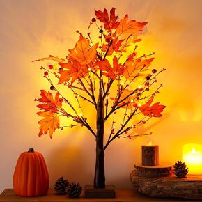 24 Inch 24 LED Artificial Fall Lighted Maple Tree Lighted Fall Tree with Timer Battery/USB Operated, Fall Decor for Autumn Thanksgiving Harvest Fall Home Indoor