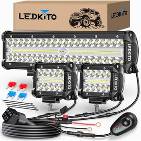 شريط إضاءة LED مقاس 12 بوصة و2 قطعة من حوامل LED مقاس 4 بوصات مع مفتاح متأرجح 16AWG 3 مجموعة أدوات تسخير الأسلاك الرصاص على الطرق الوعرة، شريط إضاءة للطرق الوعرة، مجموعة من الفيضانات، شريط ضوء ثلاثي الصف لجرار شاحنة Je-ep UTV in Kuwait