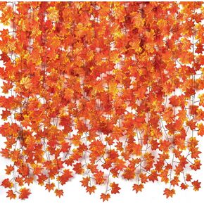 CQURE 5 Pack Fall Leaf Garland, Hanging Vines Garland Artificial Fall Maple Leaves Garland Thanksgiving Decor for Home Wedding Fireplace Party…