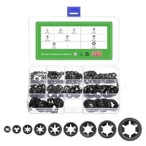uxcell 360Pcs Internal Tooth Starlock Washers Assortment Kit, 65Mn Tooth Locking Ring Washers Quick Speed Star Nut Locking Fastener, 9 Size, Black