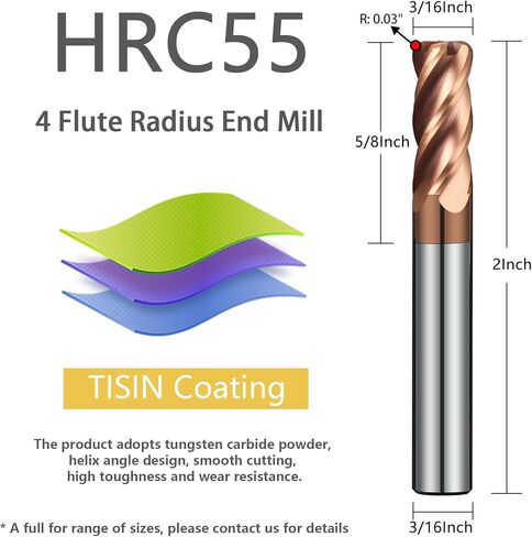 Carbide Corner Radius End Mill 4Flute Mill Bits Sets with AlTiN Coated, 0.03" Corner Radius, 3/8" Cutting Diameter, 1" Length of Cut, 2-1/2" Overall Length in Kuwait