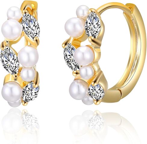 14K Gold Plated Hoop Earrings for Women, Dainty Lightweight Zirconia CZ Pearl Hoop Earrings Huggies Chunky Statement Jewelry Gifts for Women in Saudi Arabia