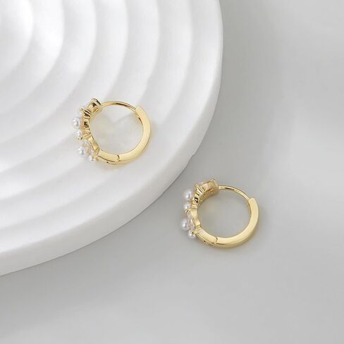 14K Gold Plated Hoop Earrings for Women, Dainty Lightweight Zirconia CZ Pearl Hoop Earrings Huggies Chunky Statement Jewelry Gifts for Women in Saudi Arabia
