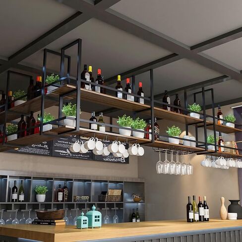 Ceiling Wine Glass Rack - 39.3in Hanging Wine Rack with Glass Holder and Shelf, 2 Layer Industrial Hanging Wine Bottle Holder, Black Metal Ceiling Shelf for Bar Cafe Kitchen (Black, 39.3×11.8×31.4in) in Saudi Arabia