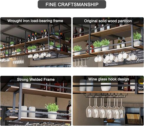 Ceiling Wine Glass Rack - 39.3in Hanging Wine Rack with Glass Holder and Shelf, 2 Layer Industrial Hanging Wine Bottle Holder, Black Metal Ceiling Shelf for Bar Cafe Kitchen (Black, 39.3×11.8×31.4in) in Saudi Arabia