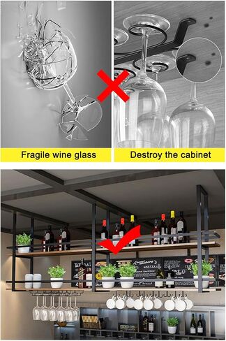 Ceiling Wine Glass Rack - 39.3in Hanging Wine Rack with Glass Holder and Shelf, 2 Layer Industrial Hanging Wine Bottle Holder, Black Metal Ceiling Shelf for Bar Cafe Kitchen (Black, 39.3×11.8×31.4in) in Saudi Arabia