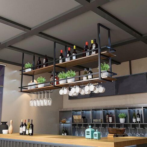 Ceiling Wine Glass Rack - 39.3in Hanging Wine Rack with Glass Holder and Shelf, 2 Layer Industrial Hanging Wine Bottle Holder, Black Metal Ceiling Shelf for Bar Cafe Kitchen (Black, 39.3×11.8×31.4in) in Saudi Arabia