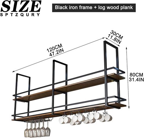 Ceiling Wine Glass Rack - 39.3in Hanging Wine Rack with Glass Holder and Shelf, 2 Layer Industrial Hanging Wine Bottle Holder, Black Metal Ceiling Shelf for Bar Cafe Kitchen (Black, 39.3×11.8×31.4in) in Saudi Arabia